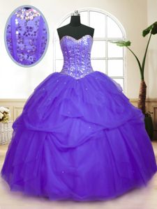 Sequins Pick Ups Purple Sleeveless Tulle Lace Up Quinceanera Gowns for Military Ball and Sweet 16 and Quinceanera