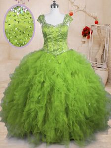 Square Short Sleeves Lace Up Quinceanera Dresses Olive Green Tulle