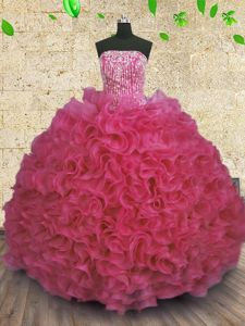 Top Selling Hot Pink Sleeveless Floor Length Beading and Ruffles Lace Up 15th Birthday Dress