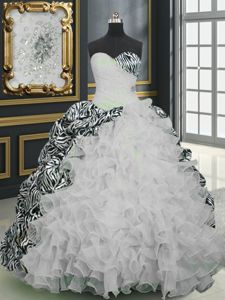 Popular Printed White Sweetheart Neckline Beading and Ruffles and Pattern Vestidos de Quinceanera Sleeveless Lace Up