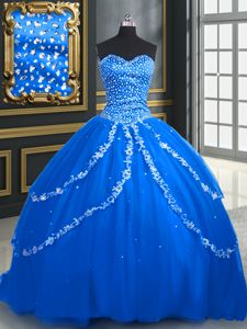 Sleeveless Floor Length Beading and Appliques and Ruffles Zipper Sweet 16 Quinceanera Dress with Blue