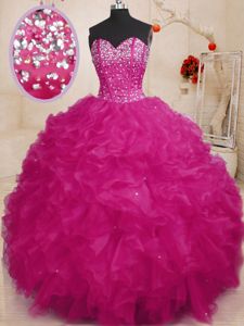 Sweetheart Sleeveless Lace Up Sweet 16 Dress Fuchsia Tulle and Sequined