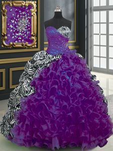 Purple Organza and Printed Lace Up Sweet 16 Dresses Sleeveless With Brush Train Beading and Ruffles and Pattern