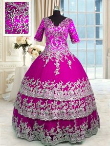 Half Sleeves Zipper Beading and Appliques and Ruffled Layers Quinceanera Gowns