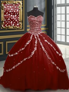 Clearance Sweetheart Sleeveless Brush Train Lace Up Quince Ball Gowns Burgundy Tulle