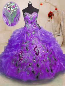 Purple Sleeveless Floor Length Beading and Appliques and Ruffles Zipper Vestidos de Quinceanera