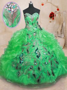 Beading and Appliques and Ruffles Quinceanera Gown Green Zipper Sleeveless Floor Length