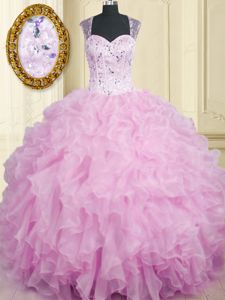 Straps Sleeveless Quinceanera Gown Floor Length Beading and Ruffles Lilac Organza