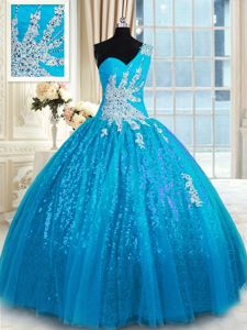 Custom Made Baby Blue Tulle and Sequined Lace Up One Shoulder Sleeveless Floor Length Quinceanera Dress Appliques