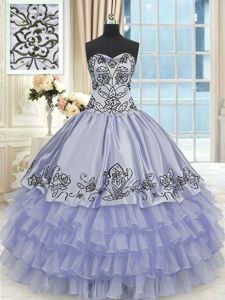Comfortable Sweetheart Sleeveless Quince Ball Gowns Floor Length Beading and Embroidery and Ruffled Layers Lavender Organza and Taffeta