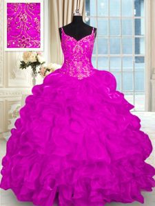 Sleeveless Organza Brush Train Lace Up Quince Ball Gowns in Fuchsia for with Beading and Embroidery and Ruffles