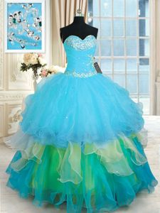 Wonderful Ruffled Sweetheart Sleeveless Lace Up Quinceanera Dresses Multi-color Organza