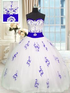 Elegant Sleeveless Tulle Floor Length Lace Up Sweet 16 Quinceanera Dress in White for with Embroidery and Belt