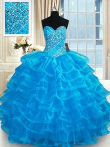 Stunning Sleeveless Floor Length Beading and Ruffled Layers Lace Up Sweet 16 Dress with Blue