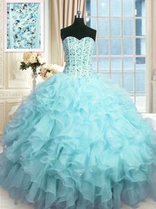 Floor Length Baby Blue Sweet 16 Dresses Organza Sleeveless Beading and Ruffles and Sequins