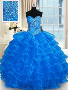 High End Blue Ball Gowns Sweetheart Sleeveless Organza Floor Length Lace Up Beading and Ruffled Layers Quinceanera Dress
