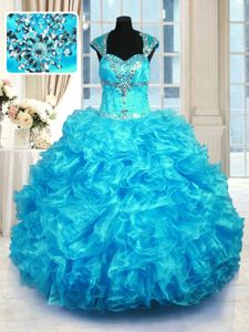 Floor Length Aqua Blue Sweet 16 Quinceanera Dress Organza Cap Sleeves Beading and Ruffles