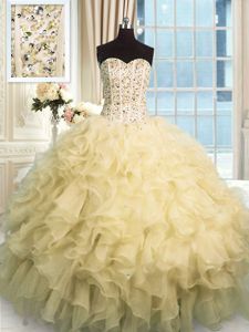 Beading and Ruffles Quinceanera Dresses Champagne Lace Up Sleeveless Floor Length