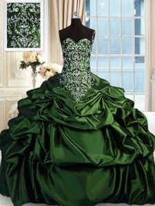 Elegant Dark Green Ball Gowns Beading and Embroidery and Pick Ups Quince Ball Gowns Zipper Taffeta Sleeveless Floor Length