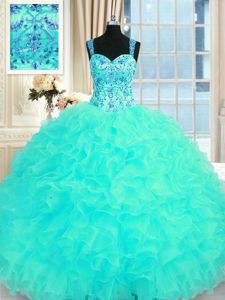 Aqua Blue Straps Lace Up Embroidery and Ruffles Quinceanera Dress Sleeveless