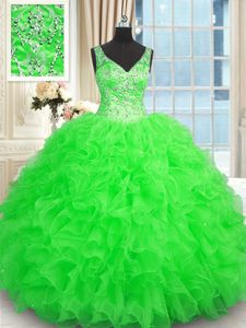 Sumptuous Three Piece Aqua Blue Ball Gowns Beading and Ruffles Sweet 16 Dresses Lace Up Tulle Sleeveless Floor Length