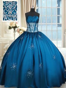 Blue and Teal Lace Up Strapless Beading and Appliques and Ruching Sweet 16 Quinceanera Dress Taffeta Sleeveless