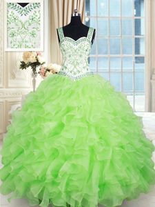 Gorgeous Floor Length Lace Up Sweet 16 Quinceanera Dress Yellow Green and In for Military Ball and Sweet 16 and Quinceanera with Beading and Ruffles