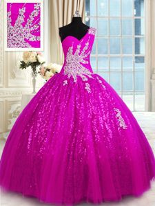 One Shoulder Fuchsia Ball Gowns Appliques Quinceanera Dresses Lace Up Lace Sleeveless Floor Length