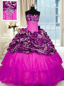 Beauteous Fuchsia Organza Zipper Quinceanera Dress Sleeveless Floor Length Beading and Ruffles