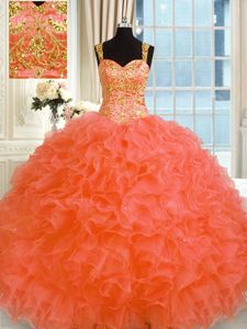 Floor Length Orange Red Sweet 16 Dresses Organza Sleeveless Embroidery and Ruffles