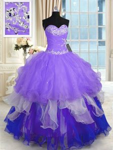 Custom Design Sleeveless Lace Up Floor Length Beading and Ruffles Court Dresses for Sweet 16
