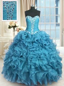 Modest Baby Blue Ball Gowns Beading and Ruffles Quinceanera Gowns Lace Up Organza Sleeveless Floor Length