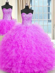 New Style Three Piece Floor Length Lilac Quinceanera Dress Tulle Sleeveless Beading and Ruffles