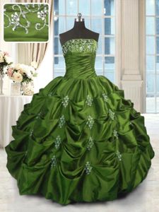 Green Ball Gowns Strapless Sleeveless Taffeta Floor Length Lace Up Beading and Appliques and Embroidery and Pick Ups 15 Quinceanera Dress