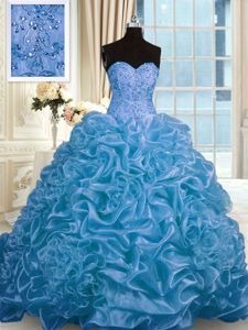 Romantic Blue Organza Lace Up Quinceanera Gown Sleeveless Sweep Train Beading and Pick Ups