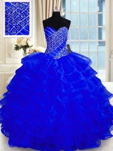 Designer Floor Length Lace Up Quinceanera Court Dresses Royal Blue and In for Military Ball and Sweet 16 and Quinceanera with Beading and Ruffled Layers