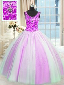 Adorable Sleeveless Floor Length Beading and Ruffles Lace Up Sweet 16 Dresses with