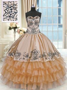 Clearance Sleeveless Taffeta Floor Length Lace Up Quinceanera Dress in Orange for with Beading and Embroidery and Ruffles