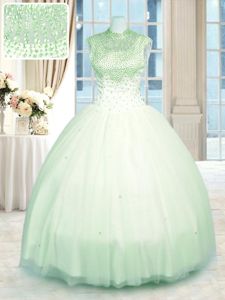 Fantastic Apple Green High-neck Zipper Beading Ball Gown Prom Dress Sleeveless