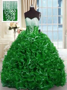 Wonderful Sleeveless Organza With Brush Train Lace Up Quince Ball Gowns in Green for with Beading and Ruffles