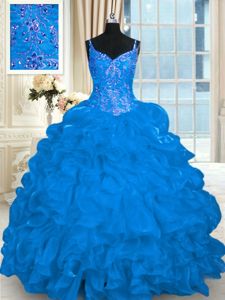 Decent Blue Sweet 16 Dress Organza Brush Train Sleeveless Beading and Embroidery and Ruffles and Pick Ups
