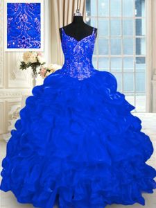 Captivating Royal Blue Organza Lace Up Spaghetti Straps Sleeveless 15th Birthday Dress Brush Train Beading and Embroidery and Ruffles and Pick Ups