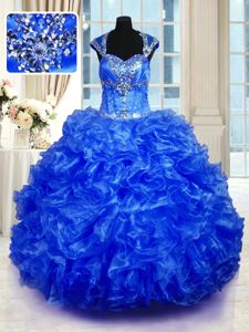 Charming Royal Blue Straps Lace Up Beading and Ruffles Quinceanera Dresses Cap Sleeves