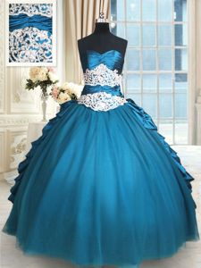 Dynamic Teal Sweetheart Neckline Beading and Lace and Appliques and Ruching Quinceanera Gown Sleeveless Lace Up