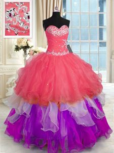 Glamorous Sleeveless Floor Length Beading and Ruffles Lace Up 15 Quinceanera Dress with Baby Pink