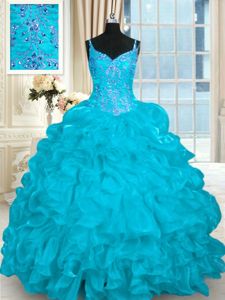 Spaghetti Straps Sleeveless Brush Train Lace Up Sweet 16 Quinceanera Dress Aqua Blue Organza