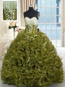 Vintage Olive Green Sleeveless Organza Brush Train Lace Up 15 Quinceanera Dress for Military Ball and Sweet 16 and Quinceanera