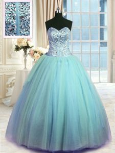 Light Blue Sleeveless Organza Lace Up Sweet 16 Quinceanera Dress for Military Ball and Sweet 16 and Quinceanera