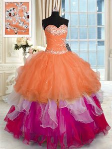 Sleeveless Lace Up Floor Length Beading and Ruffled Layers Quince Ball Gowns