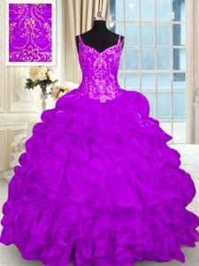 Vintage Sleeveless Beading and Embroidery and Ruffles Lace Up Sweet 16 Quinceanera Dress with Purple Brush Train